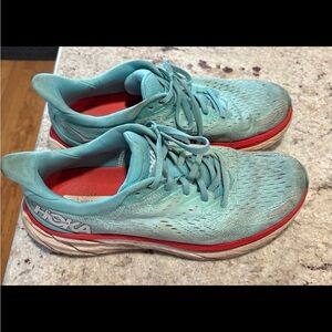 Hoka Women's Clifton 8 Teal and Coral Athletic Shoes